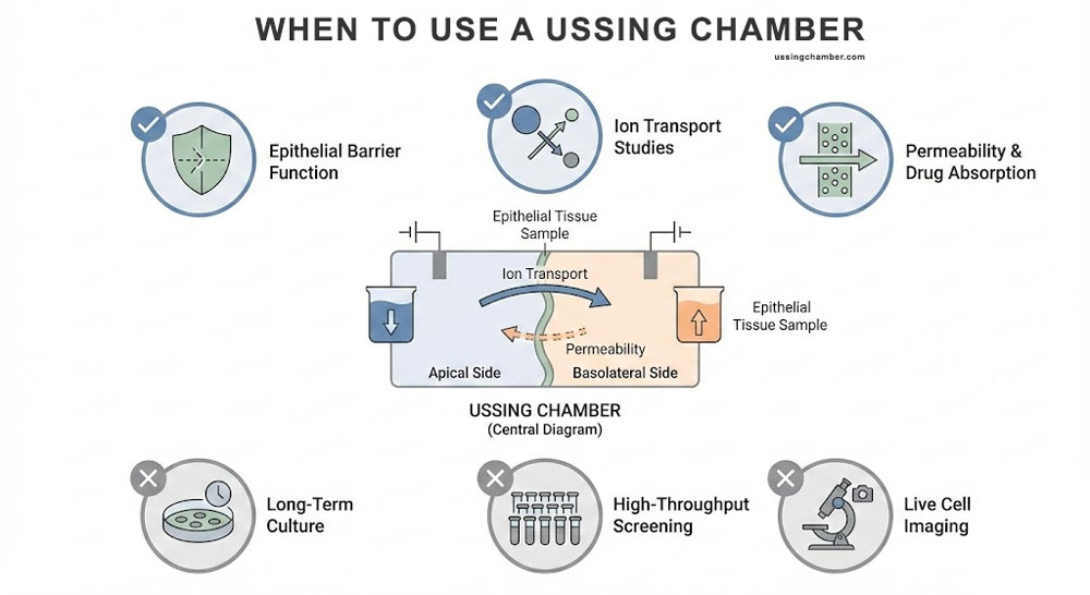 Educational diagram showing when an Ussing chamber is appropriate for epithelial barrier function, ion transport studies, and permeability experiments, and when it is not suited for long-term culture, high-throughput screening, or live cell imaging.